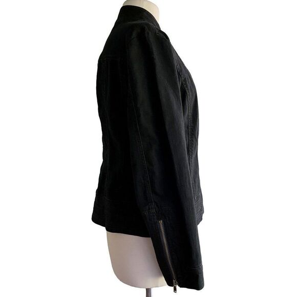 Chico's Platinum Dark Denim Zip Front Biker Jacket Zippered Sleeves Pockets Sz 1 - Picture 2 of 5